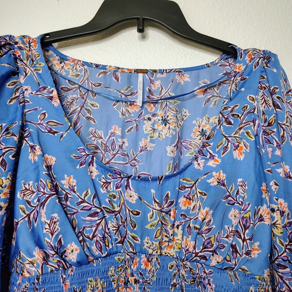 Free People Santiago Printed Top Long Sleeve puffed-shoulder cinched-waist Sz S - Picture 4 of 13
